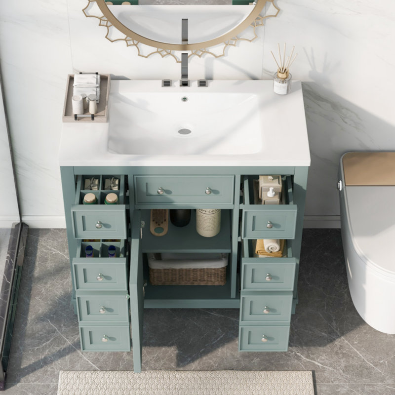 Green Solid Wood and MDF Freestanding Bathroom Vanity with Ceramic Sink