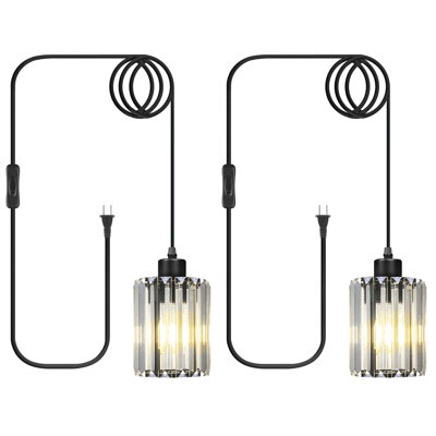 Set of 2 Plug-in Pendant Lights, Black Socket Cylinder Ribbed Crystal Glass Hanging Pendant Lamps with On/Off Switch & US Plug, Adjustable Cord, Modern Hanging Lights for Bedroom Bedside, Dining Room