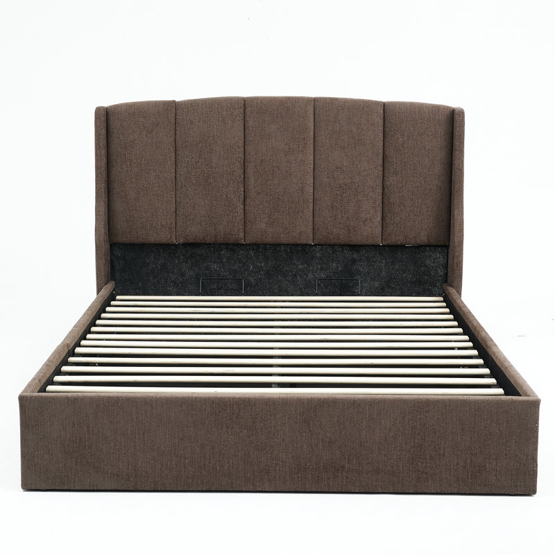 Lit coffre relevable rembourré, taupe, double, Double, Taupe