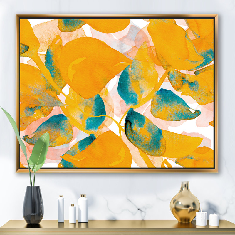 Feuilles d'aquarelle - reproduction d'art sur toile, H 36 po x l 46 po x P 1,5 po, Toile encadrée d'or
