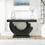 Console de luxe moderne avec base en miroir en demi-lune, table d'entrée en verre trempé noir avec décor de diamant concassé, canapé d'appoint glamour pour le salon