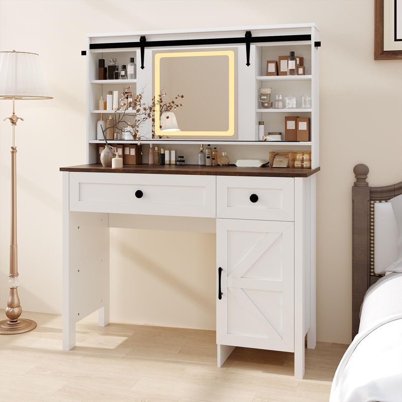 GarveeHome Modern Vanity Desk with LED Lighted Mirror, Charging Station, Storage Drawers & Cabinets, Makeup Table with Stool for Bedroom - Ideal for Girls & Teens - White