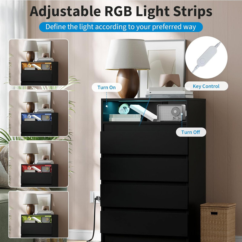 4 Drawer Double Dresser with Power Outlet Accent Chests of Drawers with LED Light Modern Storage Dresser with Charging Station Black