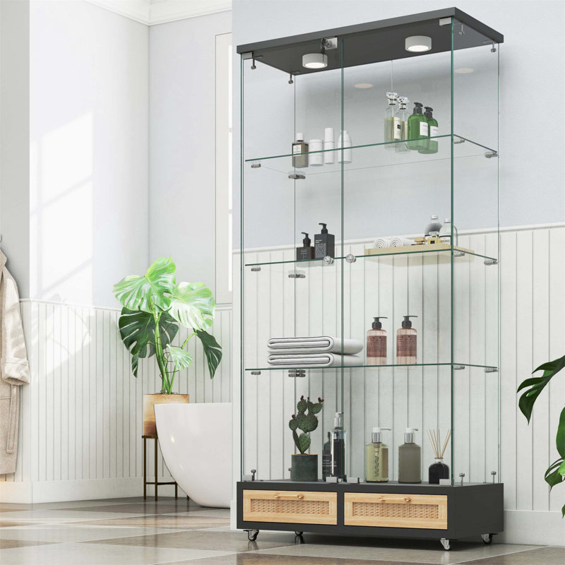 Modern Glass Display Cabinet With Large Drawers, Quick-Assembly, LED Lights, And Tempered Glass Shelves For Living Room And Bedroom