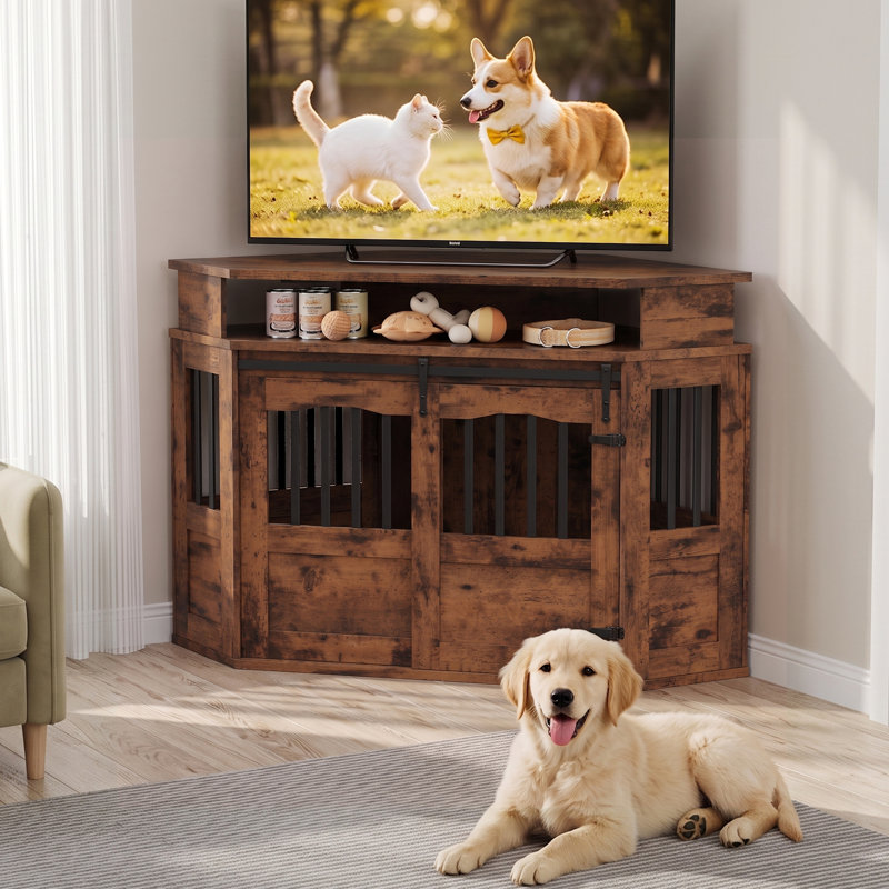 Meuble de coin pour cage de chien de 132 cm avec rangement, Brun
