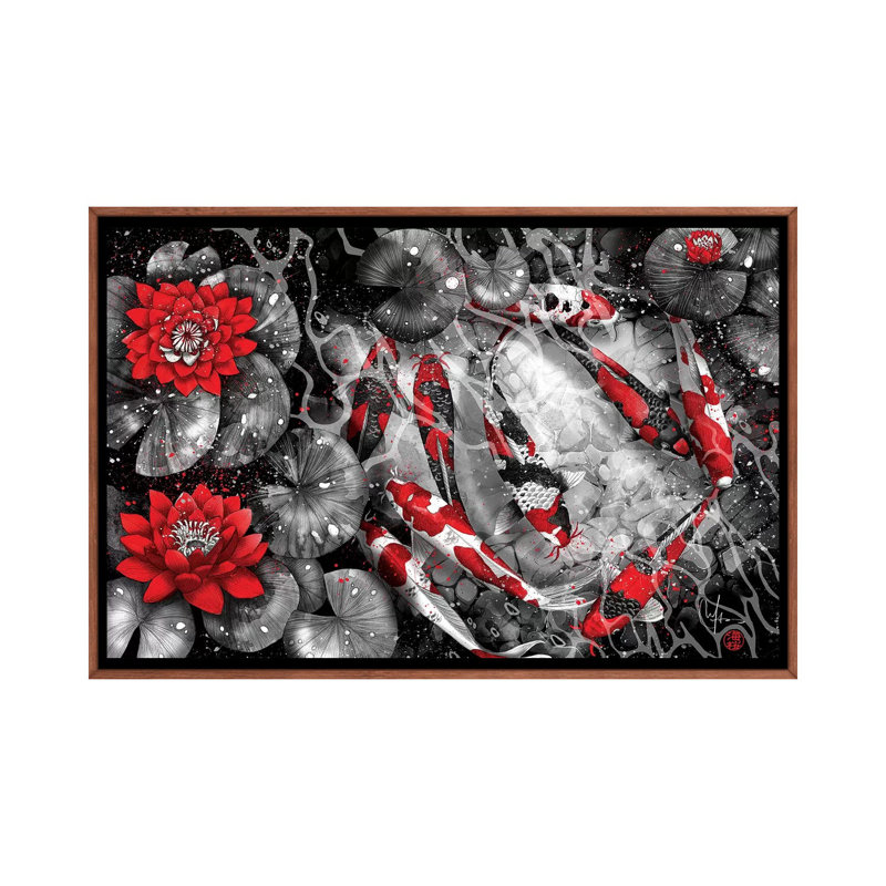 9 kois par Marine loup-impression d’art graphique, Toile classique avec cadre brun, Pas de tapis
