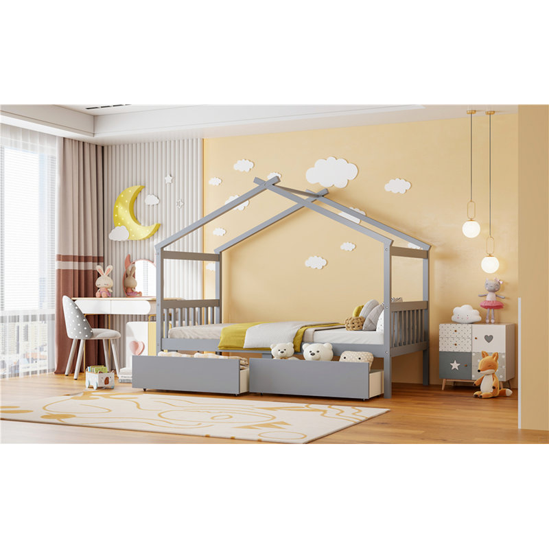 Lit simple en bois avec tiroirs, Gris