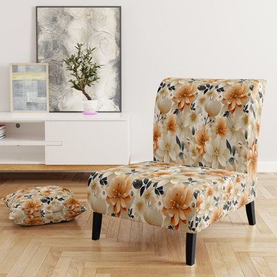 Orange And Beige Geometric Floral Fusion I - Upholstered Cottage Accent Slipper Chair
