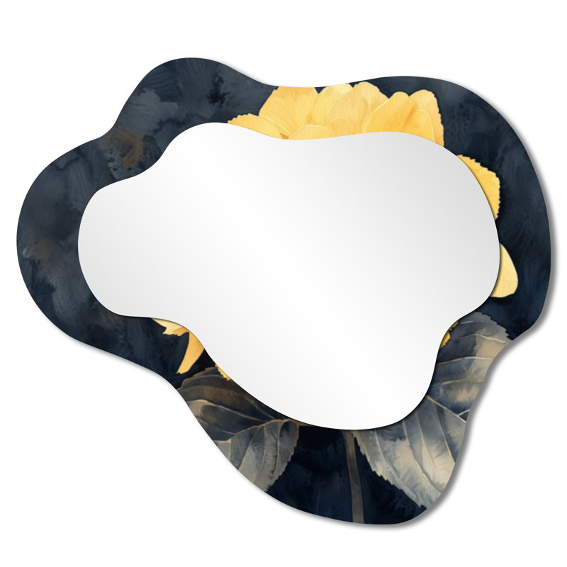 Jaune hydrangée Focus I - miroir décoratif asymétrique hydrangée, miroir mural traditionnel irrégulier, imprimé sur métal