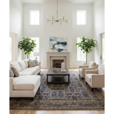 Tapis unique en laine noué à la main bleu marine / beige de 9 pi 9 po x 12 pi 9 po années 1980 Kashmar