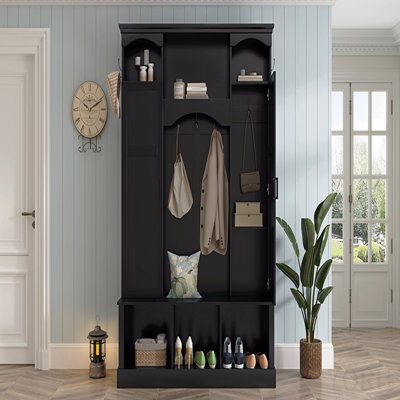 Portemanteau tout-en-un moderne avec tablettes réglables, banc de rangement arqué classique avec armoires latérales doubles, organisateur de hall d'entrée élégant avec 7 crochets pour vestibule, couloir, noir