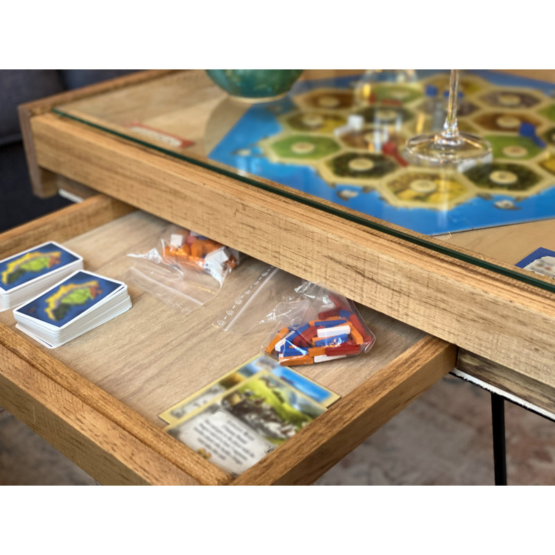 Rustic Byo Board Game Table And Puzzle Table With Removable Tempered Glass Top And Hidden Storage Drawer - Made In The Usa. Measures 25x25"