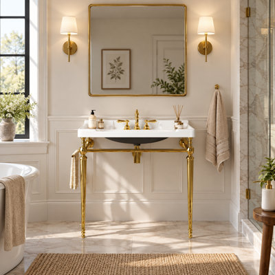36" Ceramic Console Bathroom Vanity with Metal Stand and Towel Bar