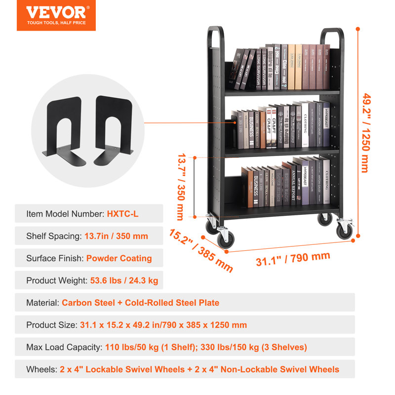 49.2'' H x 31.1'' W Book Cart with Wheels, Black