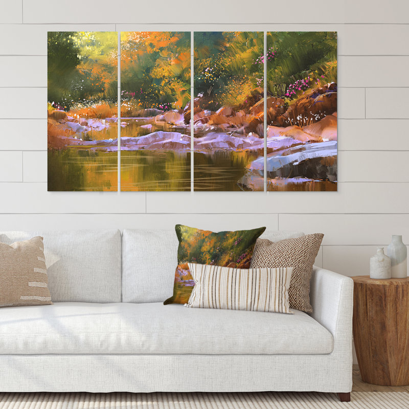 «River Lines with Stones in Beautiful Forest» par Ansel Adams, peinture sur toile tendue 4 pièces