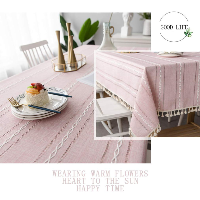 Cotton Linen Rectangular Tablecloth with Tassels, Washable, Wrinkle-Free for Kitchen, Dining, Party, Pink