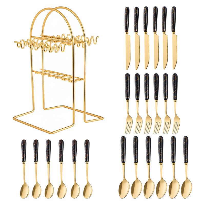24-Piece Stainless Steel Cutlery Set with Storage Rack, Black/Gold