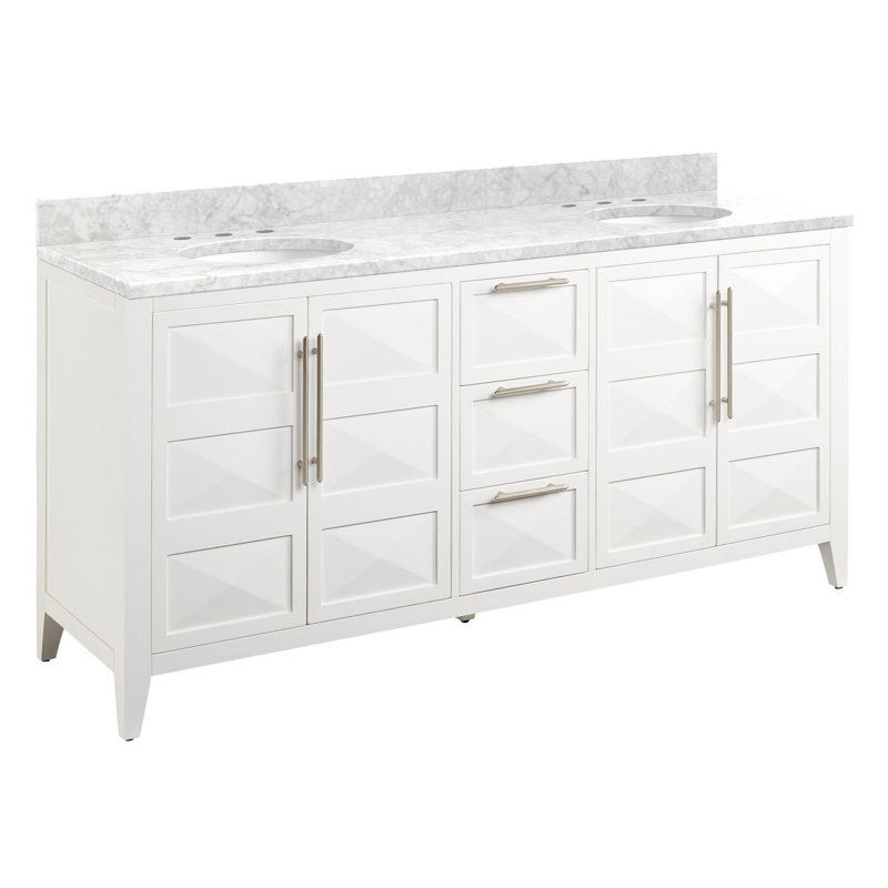 72" Holmesdale Vanity with Undermount Sinks, Carrara Marble, Bright White, Satin Nickel