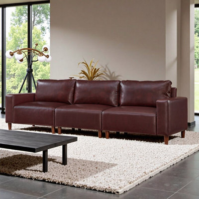 UnaAlano 3-Seater Sofa; Breathable PU Leather Upholstery; Solid Wood Legs; 112" Length