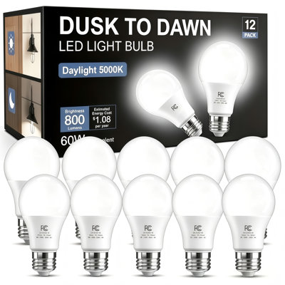 Dusk‑to‑Dawn A19 LED Light Bulb, 9W 60 Watt Equivalent, 800LM, Non‑Dimmable, E26 120V, Weatherproof, 5000K Daylight, 12‑Pack