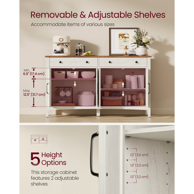 Farmhouse Sideboard With Adjustable Shelves And 2 Drawers For Kitchen, Rustic White/Honey Brown