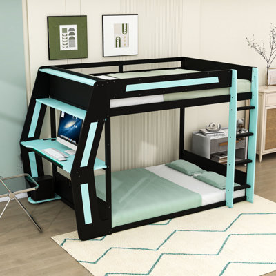 Lit superposé double en bois avec bureau de jeu intégré, station de charge et éclairage RVB