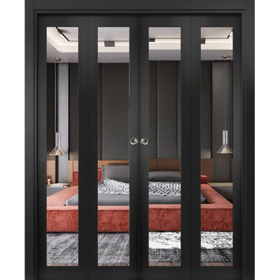 Sliding Closet Double Bi-fold Doors 96 x 80 (4* 24x80) Lucia 1299 Matte Black with Mirror Sturdy Tracks Moldings Trims Hardware Set Wood Solid Bedroom Wardrobe Doors