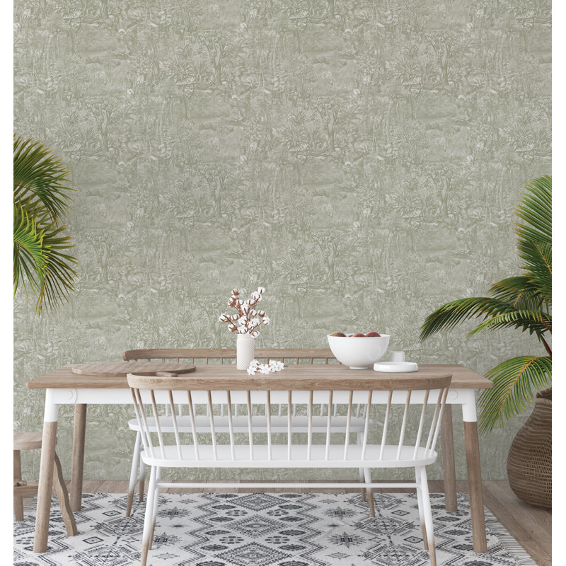 Akikazu 16.5' L x 20.5" W Peel and Stick Wallpaper Roll, 16.5" L x 20.5" W, Moss Green Toile