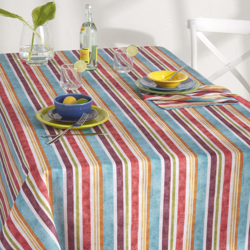 Fiesta Cameron Stripe Tropical Tablecloth, Beige/Orange/Blue, 120" x 60"
