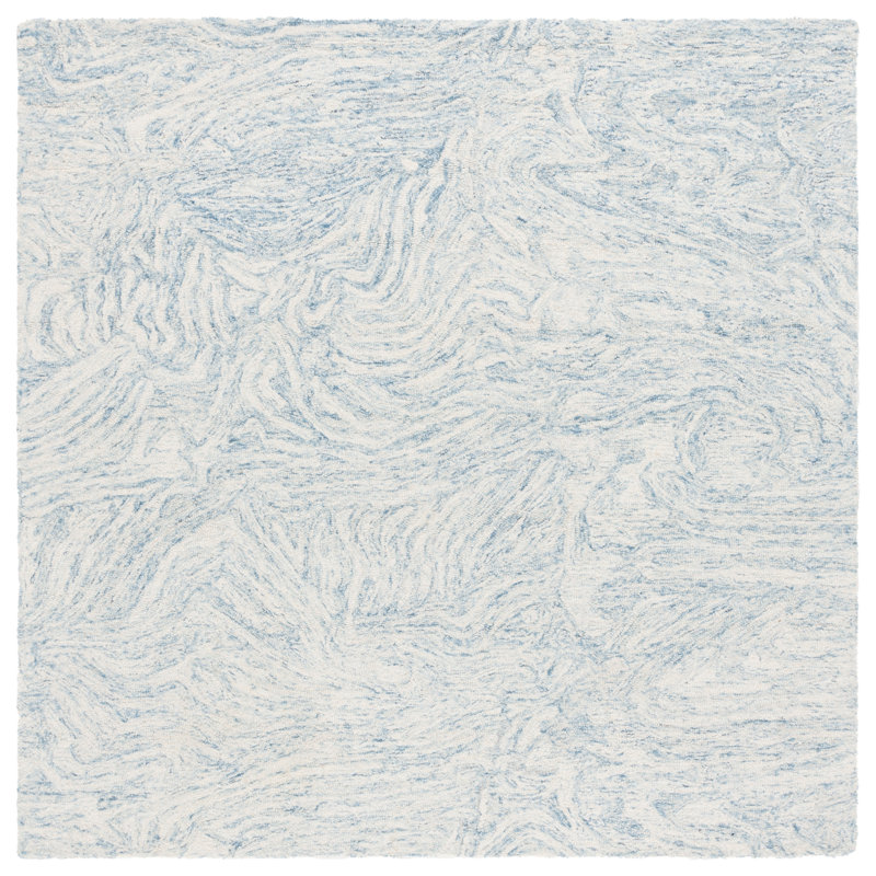 Moumna Ebony Hand Tufted Wool/Cotton Abstract Rug in Ivory/Light Blue, Square 6'