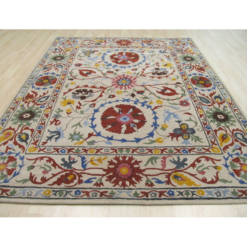 Tapis ivoire en laine touffeté à la main Ruby Fiona, Rectangle 7 pi 9 po x 9 pi 9 po