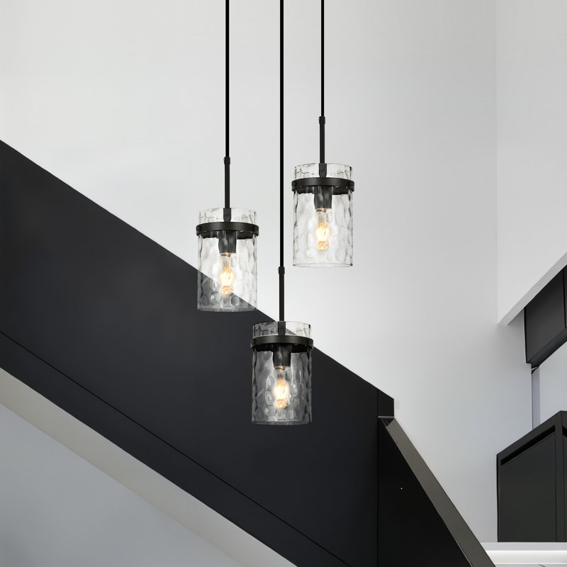 Levona 3-Light Water Hammered Glass Dimmable Kitchen Island Pendant （Matte Black）, Matte Black
