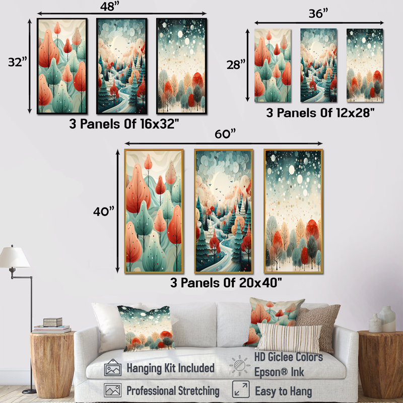 Ensemble de 3 impressions sur toile de pin de Noël orange et vert, Cadre flottant brun, H 28 po x l 36 po