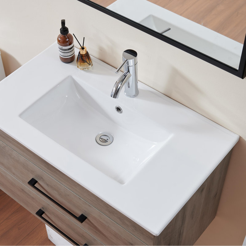 32-Inch White Ceramic Bathroom Sink - Fits 32-Inch Vanity, Pre-Drilled Faucet Hole, Sleek Minimalist Aesthetic, Durable & Easy To Clean