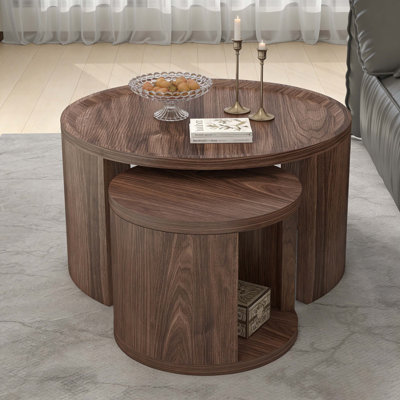 2-Piece Modern Round Nesting Coffee Table Set, Walnut Wood Finish (31.5" Large + 18" Small), Minimalist Low Profile Center Table For Living Room & Bedroom