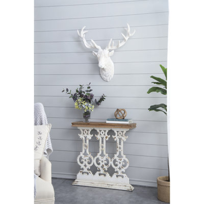 Console de 31,9 po x 11,8 po avec plateau blanc délavé et bois brun, base décorative, plateau classique, accessoire de décoration intérieure