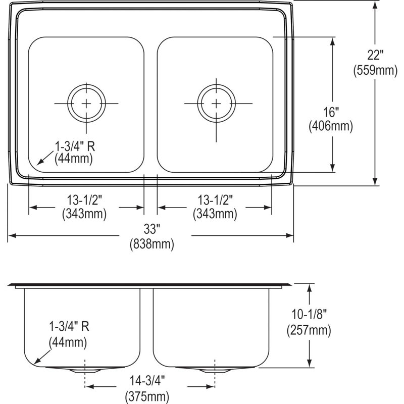 Évier de cuisine à double cuve à montage sur plan L 33 po x l 22 po Lustertone, Trou MR2