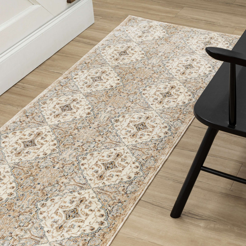 Gray and Cream Geometric Synthetic Runner Rug