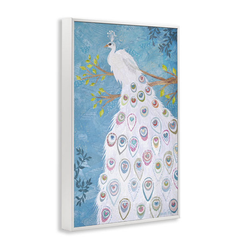 Art blanc à motif paon par Jennifer Peck, Giclée encadrée blanc bord de mer, H 18 po x l 12 po