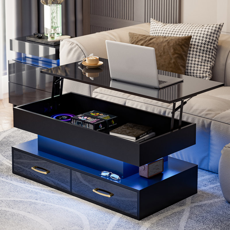 Table basse moderne laquée brillante avec éclairage DEL 16 couleurs et 2 tiroirs, dessus en acrylique ajouré, pour salon, noire