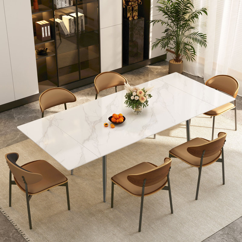62.9" To 94.4" Sintered Stone Expandable Dining Table Set, Easy To Assemble, Brown, 9