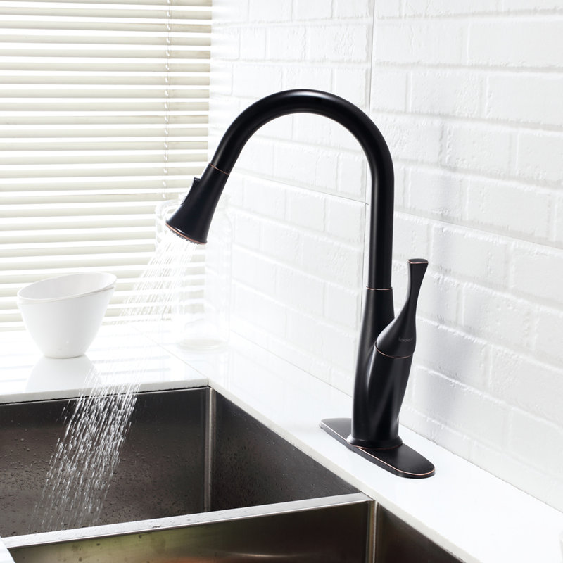Robinet escamotable huilé en bronze huilé, silhouette épurée pour la cuisine, surface brillante, repousse les taches d'eau, poignée simple à droite ou à gauche, bec pivotant à 360 degrés, modes de pulvérisation double, montable