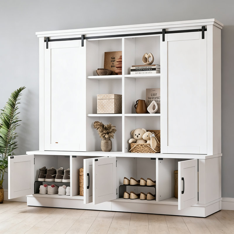 Multifunctional Entryway Cabinet With Sliding Rails, Tree-Shaped Design, Storage Unit, White
