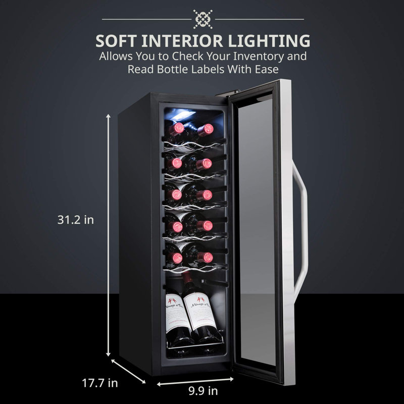 Ivation 12 Bottle Compressor Wine Refrigerator, Freestanding Wine Cooler with Lock, Stainless Steel
