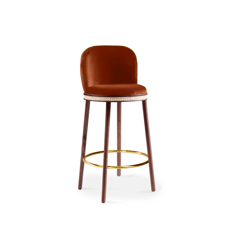 Alma Upholstered Stool with Solid Wood Frame, Fire, Counter Stool (27" Seat Height), Polished Brass