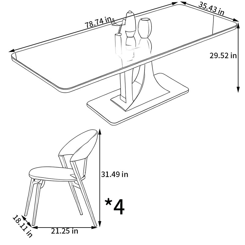 Ensemble de table de salle à manger rectangulaire et chaises, H 29,52 po x L 78,74 po x l 35,43 po