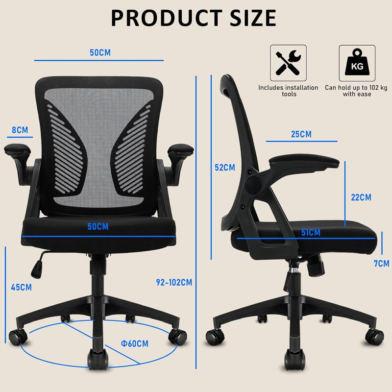 Office Chair Ergonomic Desk Chair with 90°Flip-up Armrest Lumbar Support, Height Adjustable Office Desk Chair, Executive Swivel Computer Chair with Padded Seat Cushion for Office