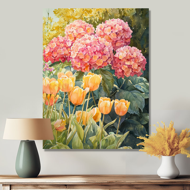 Hortensias dans le jardin de printemps I - reproduction d'art traditionnelle en métal, décoration murale en métal hydrangées