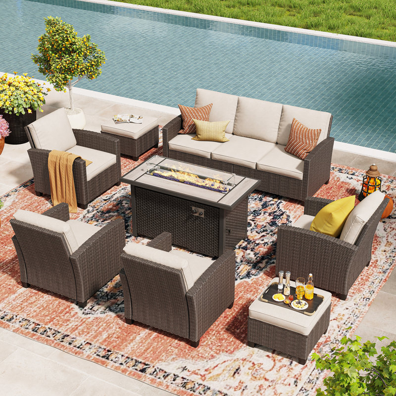 Ensemble de conversation modulaire en osier pour 7 personnes avec foyer et table