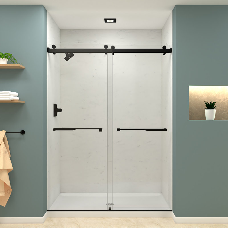 58" - 60" W x 80" H Double Sliding Frameless Shower Door with TruMotion Technology, Matte Black